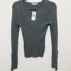 Hooked Up heather gray top women  Grey laced up  long sleeve rib sweater size M